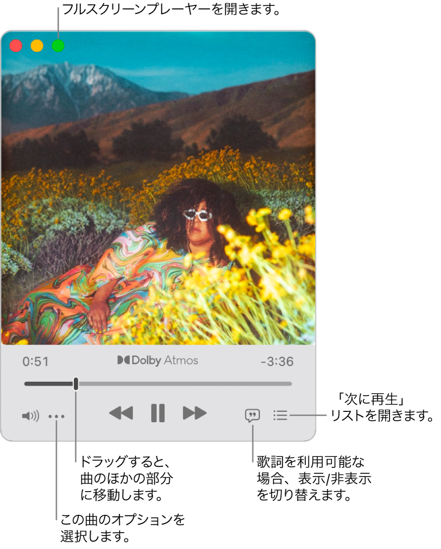 展開されたミニプレーヤー。再生中の曲用のコントロールが表示されています。左上隅には、フルスクリーンプレーヤーを開く/閉じるためのウインドウコントロールがあります。ウインドウのメイン部分には、再生中の曲のアルバムアートワークが表示されます。アートワークの下にあるのは、曲の別の部分に移動するスライダ、音量の調節、歌詞の表示、次に再生される曲を表示するボタンです。