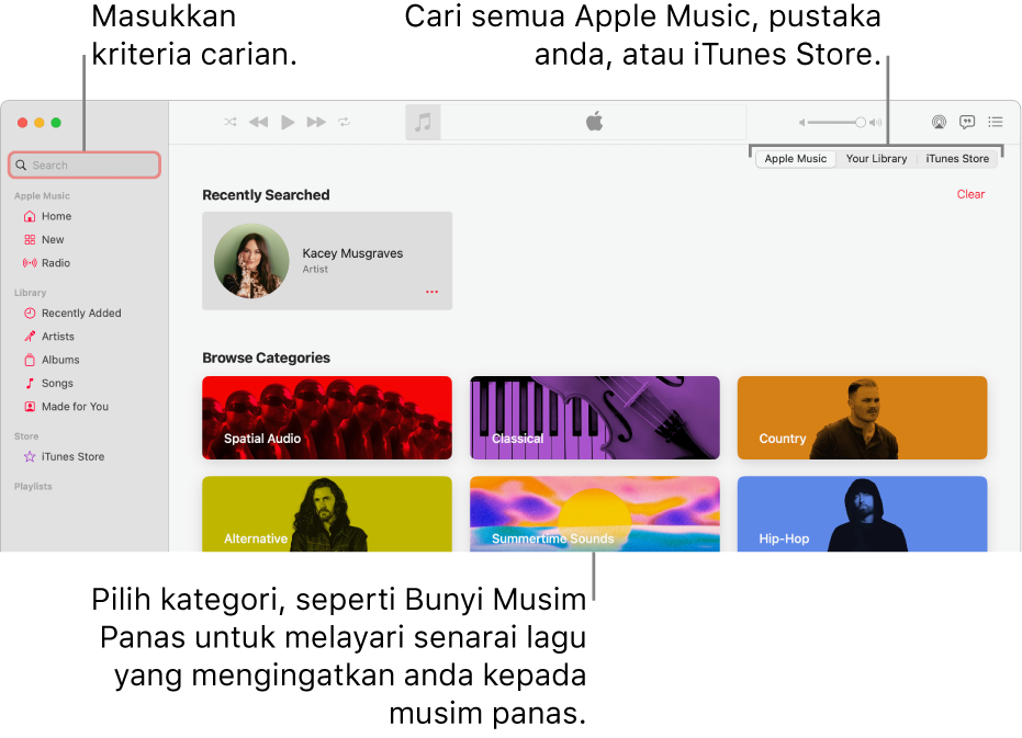 Tetingkap Apple Music menunjukkan medan carian di penjuru kiri atas, senarai kategori di bahagian tengah tetingkap dan Apple Music, Pustaka Anda dan iTunes Store tersedia di penjuru kanan atas. Masukkan kriteria carian dalam medan carian, kemudian pilih untuk mencari semua daripada Apple Music, pustaka anda sahaja, atau iTunes Store.