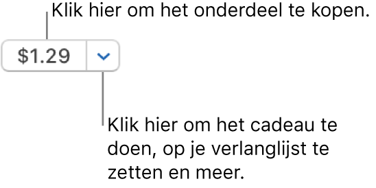 Een knop met een prijs. Klik op de prijs om het onderdeel te kopen. Klik op de pijl naast de prijs om het onderdeel bijvoorbeeld aan iemand cadeau te doen of om het aan je verlanglijst toe te voegen.