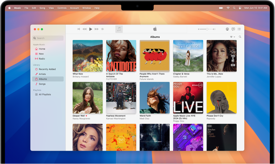 Apple Music-vinduet, med et bibliotek med albumer.