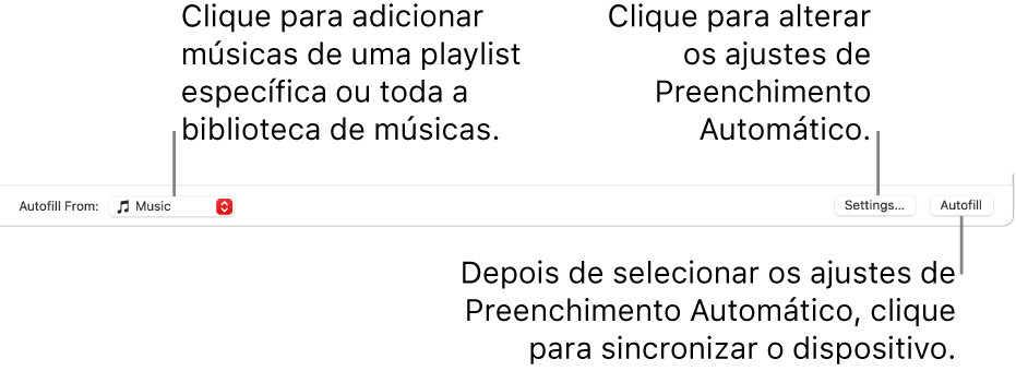 As opções de Preenchimento Automático na parte inferior da janela Músicas. Na extremidade esquerda encontra‑se o menu pop‑up “Preencher Automaticamente de”, onde você pode optar por adicionar músicas de uma playlist ou de toda a biblioteca. Na extremidade direita, há dois botões: Ajustes, para alterar as opções de Preenchimento Automático, e Preencher Automaticamente. Ao clicar em Preencher Automaticamente, o dispositivo é preenchido com as músicas que correspondam ao critério.