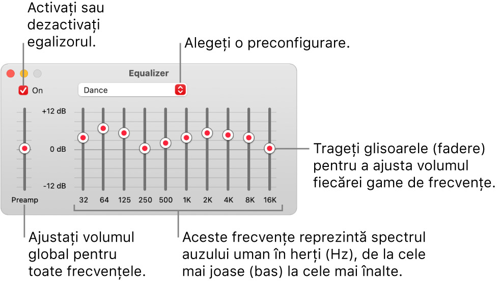 Fereastra Egalizor: Caseta de validare pentru activarea egalizorului Muzică se află în colțul din stânga sus. Lângă aceasta, se află meniul pop-up cu preconfigurările pentru egalizor. În partea stângă extremă, ajustați volumul general al frecvențelor cu preamplificatorul. Sub preconfigurările pentru egalizor, ajustați nivelul sunetului diferitelor intervale de frecvență care reprezintă spectrul auzului uman de la cel mai jos până la cel mai ridicat.