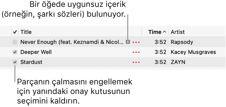 Müzik’teki parça listesine ait, onay kutularını ve ilk parça için (şarkı sözleri gibi uygunsuz içeriğe sahip olduğunu belirten) bir uygunsuz sembolü gösteren ayrıntılı bilgiler. Bir parçanın çalmasını engellemek için yanındaki onay kutusunun seçimini kaldırın.