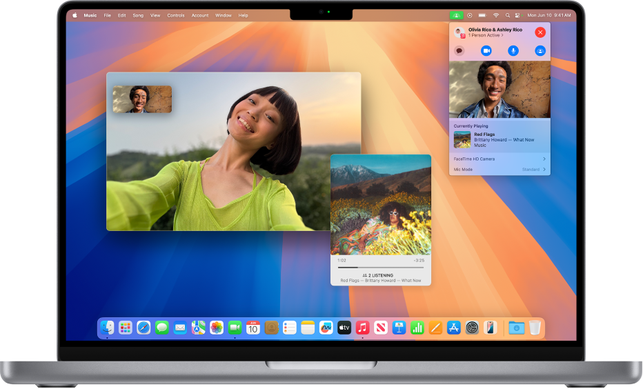 FaceTime 視窗顯示與參與者通話並使用「同播同享」一同聆聽專輯。