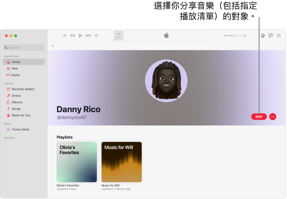 Apple Music 中的個人檔案頁面： 在視窗的右側，按一下「編輯」來選擇可關注你的人。 在「編輯」的右方，按一下「更多」按鈕來分享你的音樂。