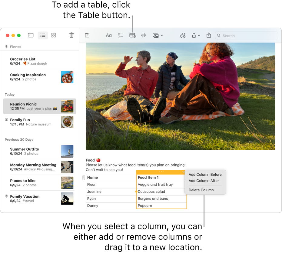 The Notes window showing the Table button — click it to add a table. Within the note content, a table column is selected so you can either add or remove columns or drag it to a new location.