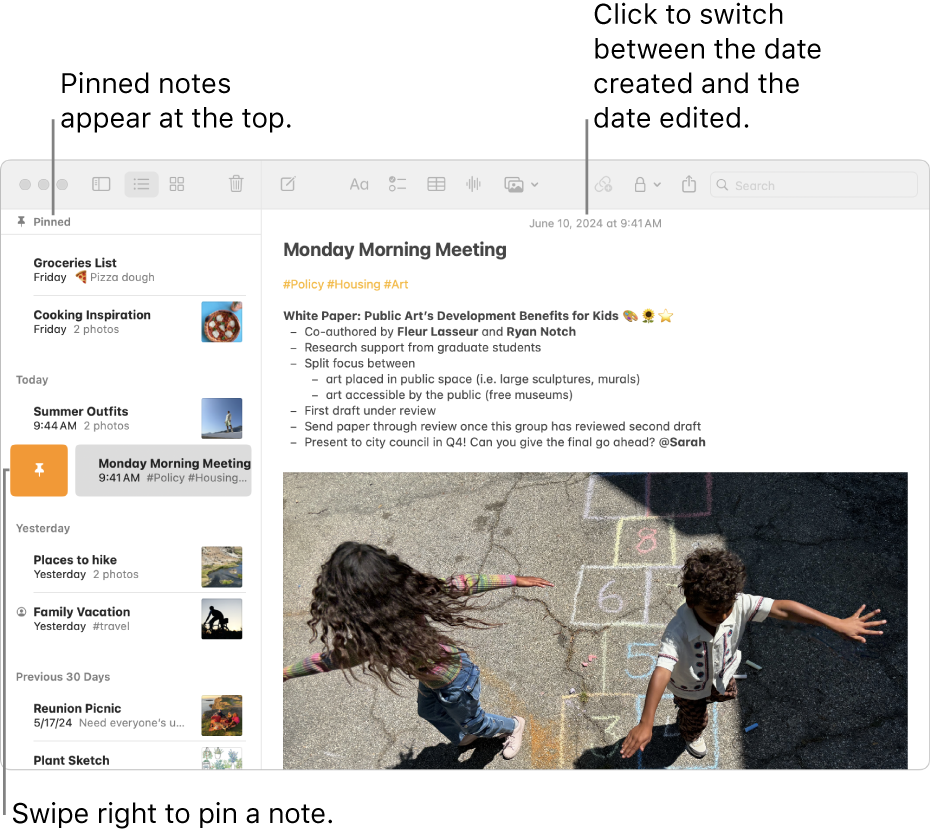 A Notes app window on Mac with the list of notes at the left, pinned notes at the top of the notes list, and the Pin button on one note. The content of that note appears on the right with the date at the top; click the date to switch between the date created and the date edited.