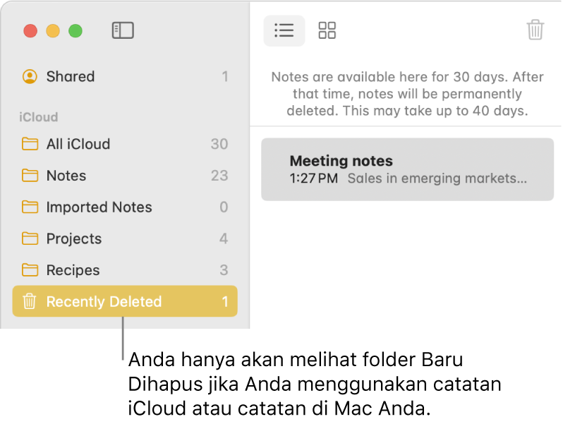 Jendela Catatan dengan folder Baru Dihapus di bar samping dan catatan yang baru dihapus. Anda hanya melihat folder Baru Dihapus jika Anda menggunakan catatan iCloud atau catatan di Mac Anda.