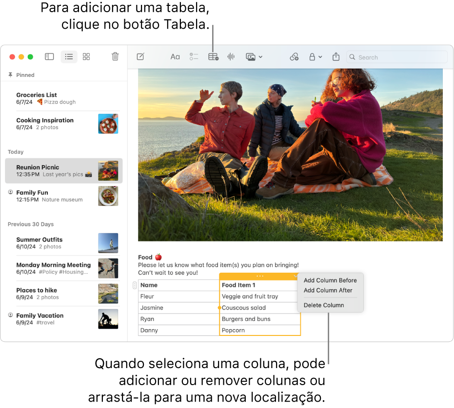 A janela Notas a mostrar o botão Tabela, clique-lhe para adicionar uma tabela. Dentro do conteúdo da nota, é selecionada uma coluna da tabela para que adicione ou remova colunas ou para que a arraste para um novo local.