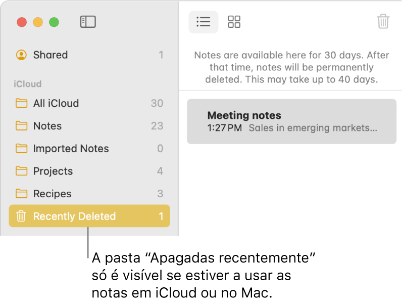 A janela da aplicação Notas com a pasta “Apagadas recentemente” na barra lateral e uma nota apagada recentemente. A pasta “Apagadas recentemente” só está disponível se estiver a usar as notas em iCloud atualizadas ou notas armazenadas no Mac.