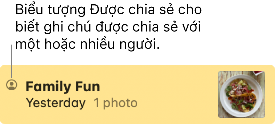 Một ghi chú đã được chia sẻ với những người khác, với biểu tượng Được chia sẻ ở phía bên trái của tên ghi chú.