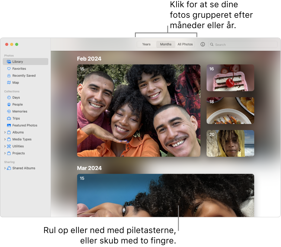 Vinduet Fotos, der viser Måneder valgt på værktøjslinjen og fotos organiseret efter dato i vinduets hovedområde.