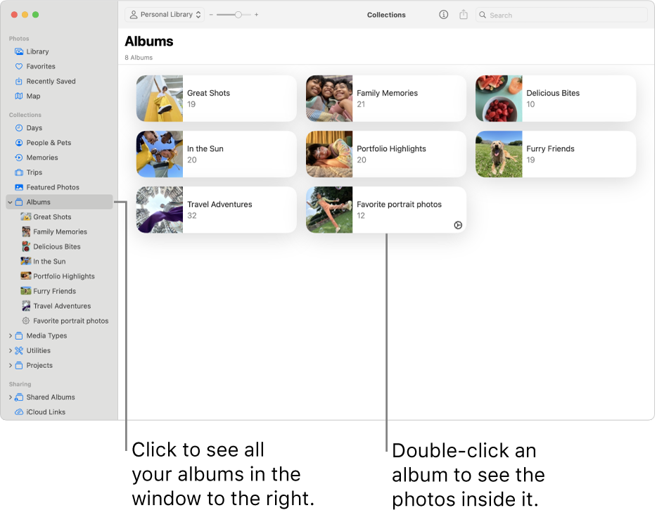 The Photos window with Albums selected in the sidebar and albums shown on the right.