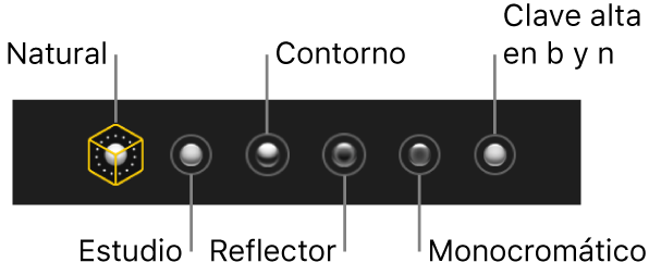 Las opciones de efectos de iluminación del modo retrato, incluyendo (de izquierda a derecha) Natural, Estudio, Contorno, Monocromático y High-Key Mono.