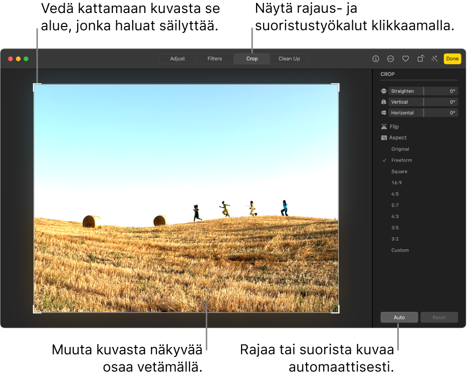 Kuva muokkausnäkymässä. Työkalupalkissa on valittuna Rajaa, valintanelikulmio on kuvan ympärillä ja oikealla puolella näkyvät suoristussäätimet, kuvasuhdevalinnat sekä Automaattinen- ja Nollaa-painikkeet.