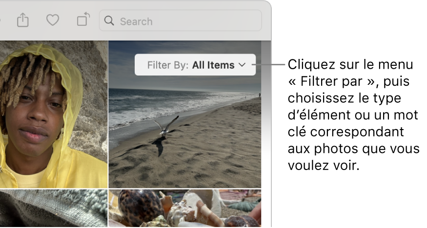 Le menu local « Filtrer par » réglé pour afficher tous les éléments.