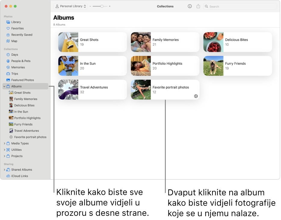 Prozor aplikacije Foto s Albumima odabranim u rubnom stupcu i albumi prikazani s desne strane.