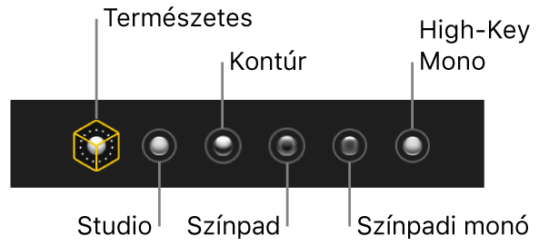 Portré-mód megvilágítási effektek, többek közt (balról jobbra) Természetes, Stúdió, Kontúr, Színpadi, Színpadi monó és High-Key monó.