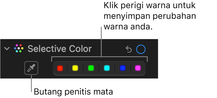 Kawalan Warna Berpilih dalam anak tetingkap Laras, menunjukkan butang Penitis dan perigi warna.