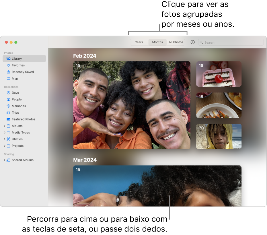 A janela da aplicação Fotografias mostra a opção “Meses” selecionada na barra de ferramentas e as fotografias organizadas por data aparecem na área principal da janela.