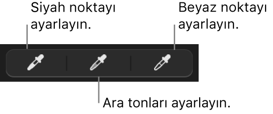 Fotoğrafın veya videonun siyah noktasını, ara tonlarını veya beyaz noktasını ayarlamak için üç damlalık kullanılır.