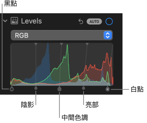 「調整」面板中的「色階」控制項目，下方顯示帶有控點的 RGB 色階分佈圖，由左至右包含黑點、陰影、中間色調、亮部和白點。