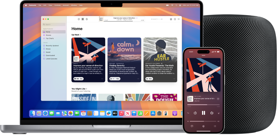 The Apple Podcasts app on a Mac and iPhone, with a HomePod in the background.