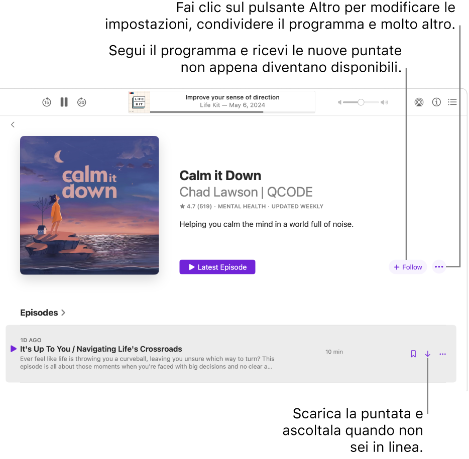 La pagina informativa di un podcast, con i pulsanti Segui, Altro e Scarica.