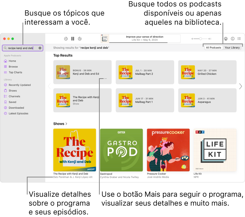 A janela Podcasts a mostrar texto digitado no campo de pesquisa no canto superior esquerdo e episódios e programas que correspondem à pesquisa de todos os podcasts no ecrã à direita. Clique na hiperligação sob o programa para ver detalhes acerca do programa e dos respetivos episódios. Use o botão Mais do programa para seguir o programa, alterar as definições, etc.
