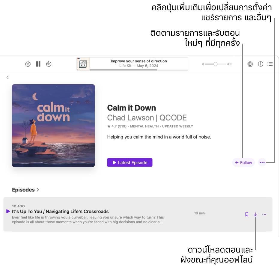 หน้าข้อมูลสำหรับพ็อดคาสท์ที่กำลังแสดงปุ่มติดตาม เพิ่มเติม และดาวน์โหลด