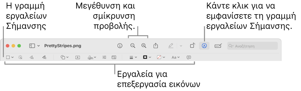 Η γραμμή εργαλείων Σήμανσης για επεξεργασία εικόνων.