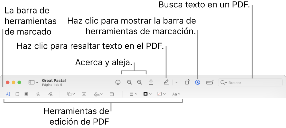 La barra de herramientas Marcado para marcar un PDF.