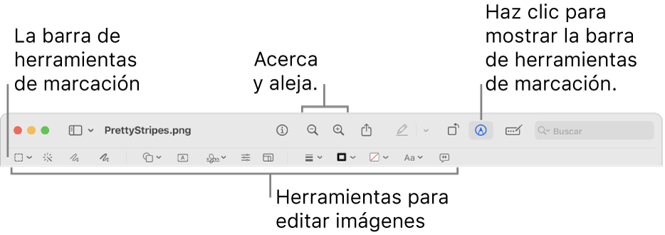 Barra de herramientas de marcación para editar imágenes.