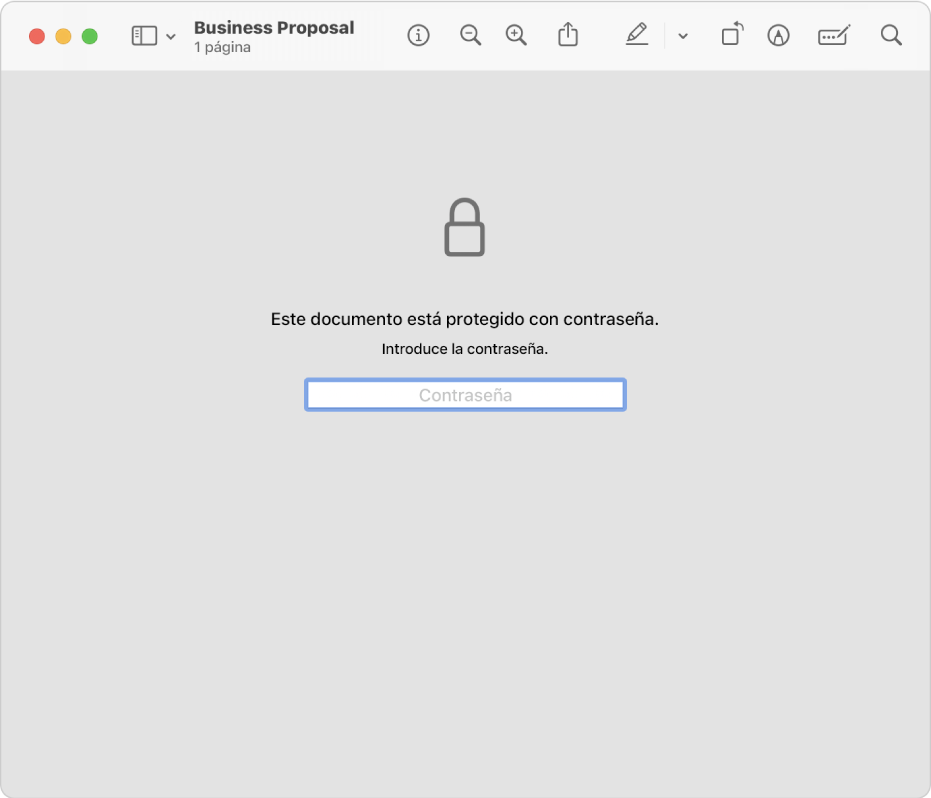 Un PDF protegido por contraseña que muestra el icono de un candado y un campo de texto para introducir la contraseña para abrir el archivo.