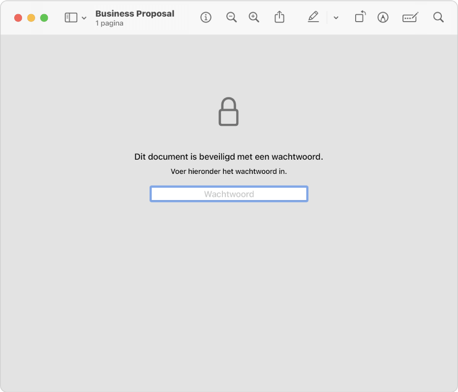 Een met een wachtwoord beveiligde pdf met een slotsymbool en een tekstveld voor het invoeren van het wachtwoord om het bestand te openen.