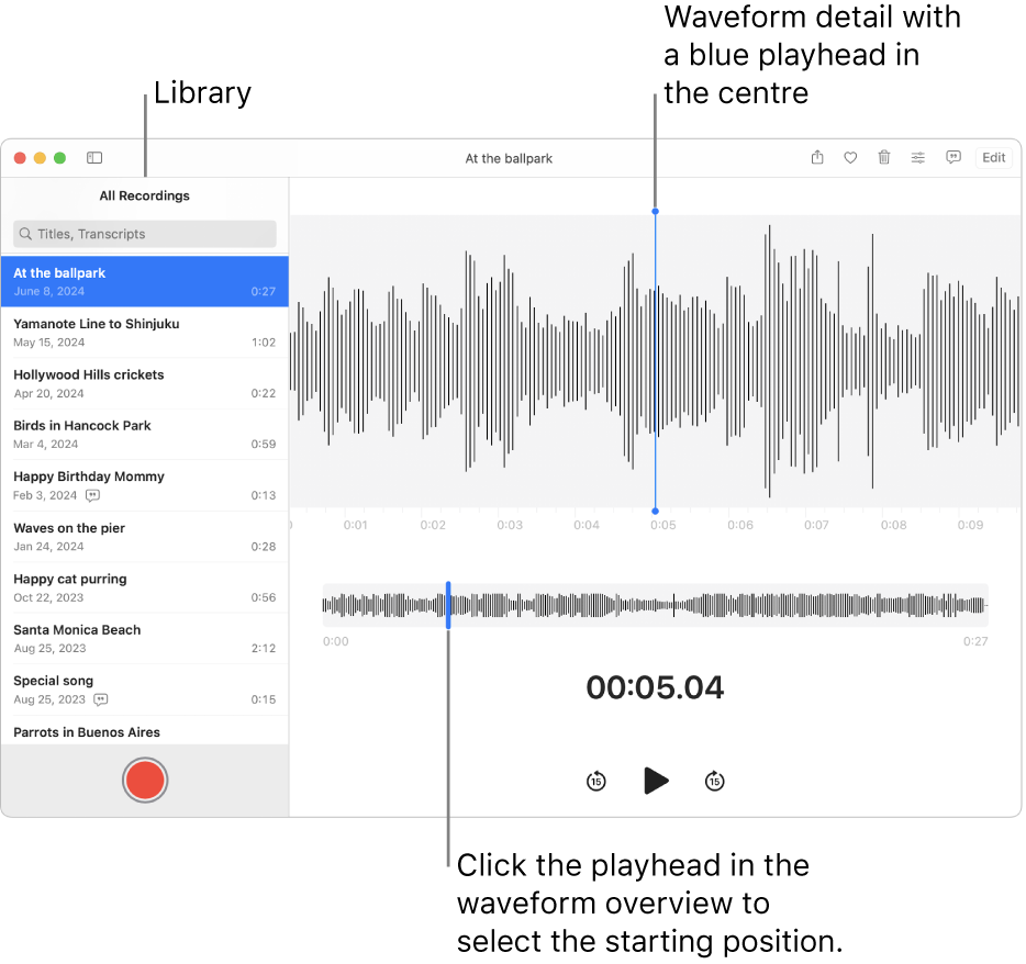 The Voice Memos app showing the recordings in the library on the left. The selected recording appears in the window to the right of the list, as a waveform detail with a blue playhead in the centre. Below the recording is the waveform overview.