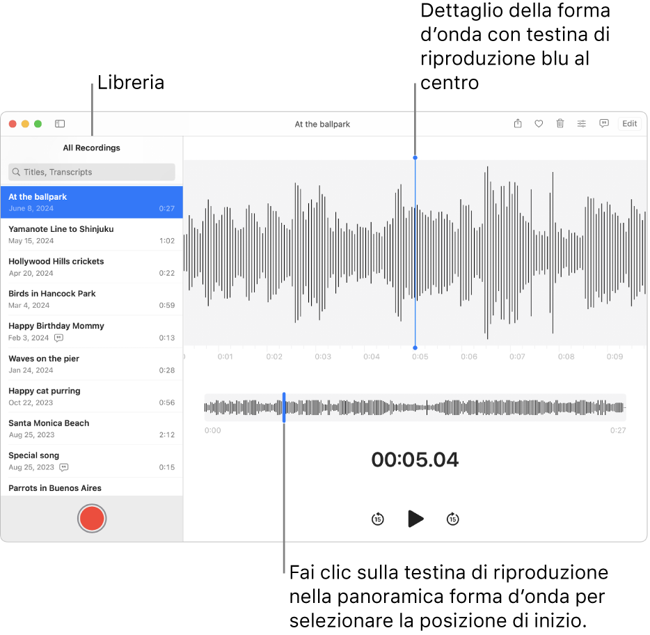 L'app Memo Vocali mostra le registrazioni nella libreria sulla sinistra. La registrazione selezionata viene visualizzata nella finestra a destra dell'elenco, come dettaglio forma d'onda con una testina di riproduzione blu al centro. Sotto la registrazione è presente la panoramica forma d'onda.