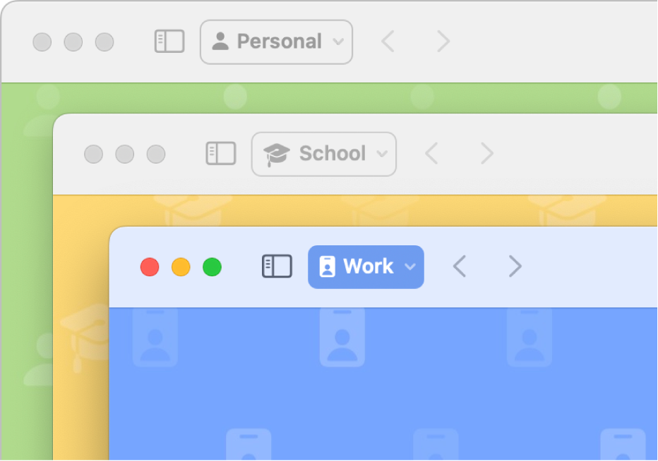 Three Safari profile windows: one for personal use, one for school, and one for work.