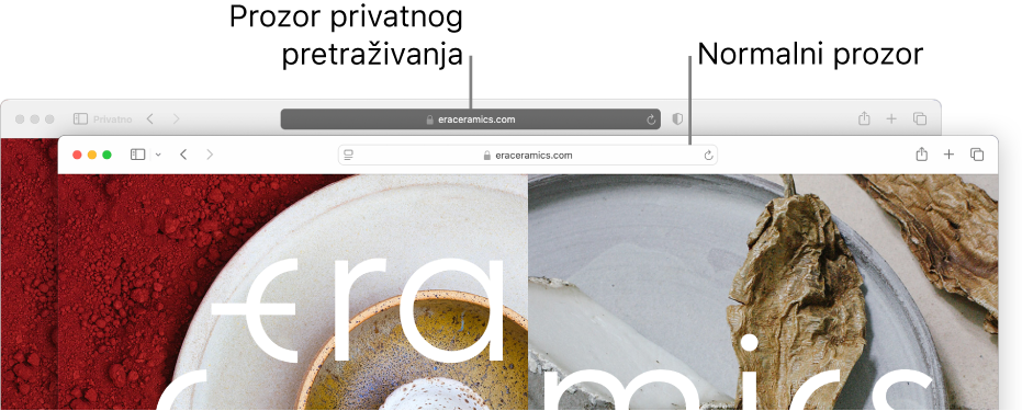 Privatni Safari prozor s tamnim pametnim poljem za pretraživanje i normalni Safari prozor sa svijetlim pametnim poljem za pretraživanje.