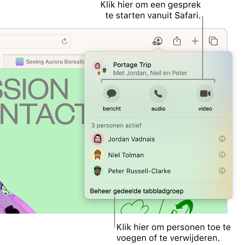 Een venster met daarin de mensen in een gedeelde tabbladgroep.