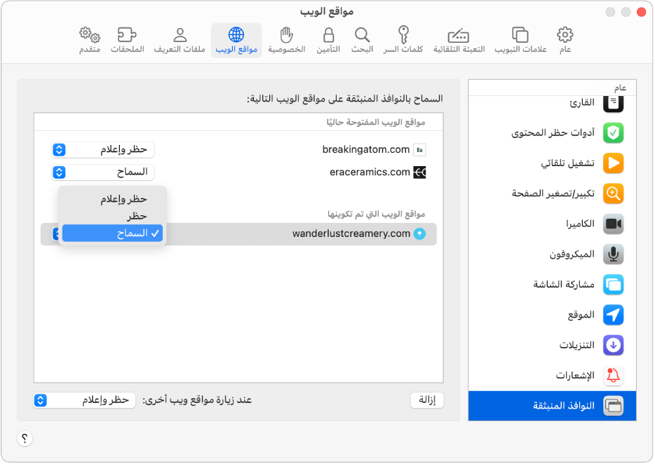 خيار النوافذ المنبثقة في إعدادات سفاري، مع تحديد السماح لموقع إلكتروني تم تكوينه.