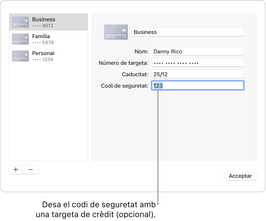 Un formulari de targeta de crèdit amb camps per introduir el nom, el número de targeta, la data de caducitat i el codi de seguretat.