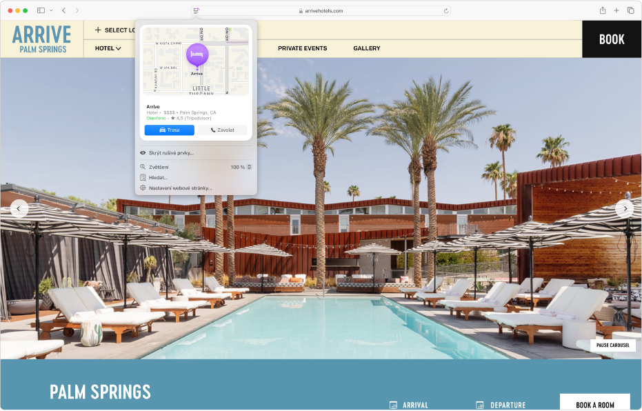 Aplikace Safari se zobrazeným přehledem webových stránek hotelu v Palm Springs. Přehled obsahuje mapu, tlačítka, jejichž stisknutím se dá do hotelu zavolat nebo zobrazit trasa, a odkaz na rezervační formulář.