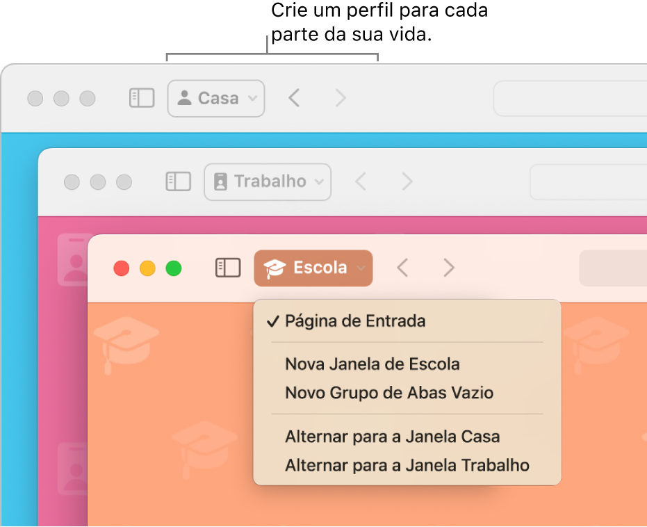 Três janelas de perfis no Safari: uma para casa, uma para o trabalho e uma para a escola.