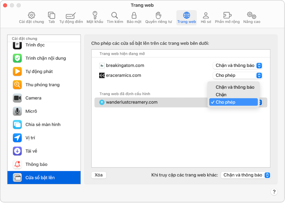 Tùy chọn Cửa sổ bật lên cho cài đặt Safari, với Cho phép được chọn cho một trang web được định cấu hình.