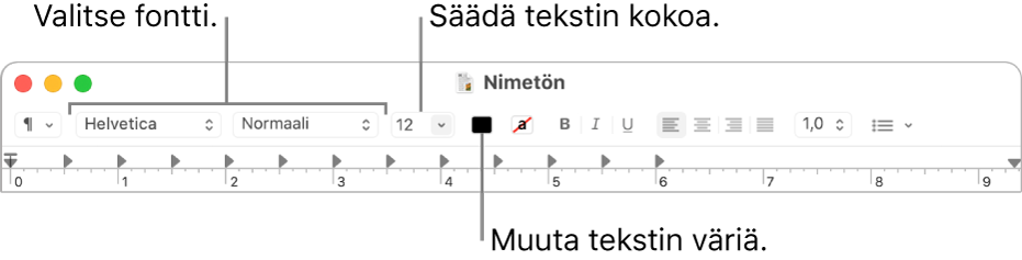 TeXturi-työkalupalkissa näkyy valintoja tekstin koon ja värin sekä fontin muuttamiseen.