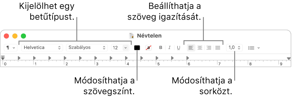 A Szövegszerkesztő menüsora rich text dokumentum esetén, a betűtípus és a szövegigazítás, valamint a térköz vezérlőivel.