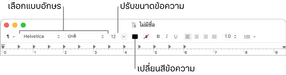 แถบเครื่องมือ TextEdit ที่แสดงตัวเลือกที่ปรับขนาดข้อความ สี และแบบอักษร