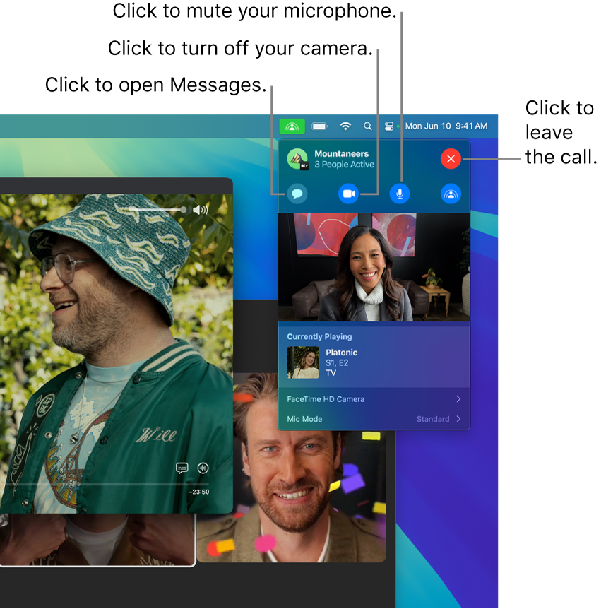 SharePlay controls shown in the Menu bar including buttons to open the Messages app, mute your microphone, turn off your camera and leave the call.