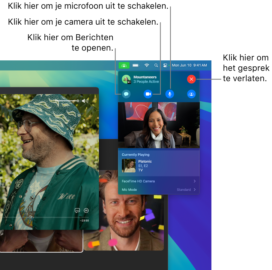 SharePlay-regelaars in de menubalk waaronder knoppen voor het openen van de Berichten-app, het stilhouden van de microfoon, het uitschakelen van de camera en het verlaten van het gesprek.